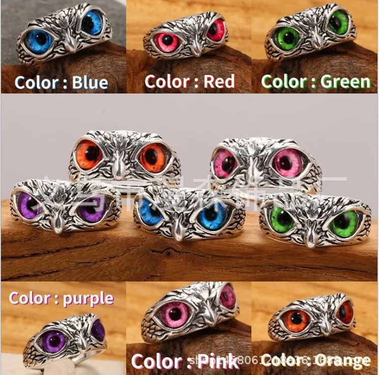 Anéis de coruja multicoloridos abertos ajustáveis para homens e mulheres, charmoso design de moda, olhos, jóias punk, presente gótico, anéis redimensionáveis