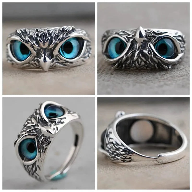 Anéis de coruja multicoloridos abertos ajustáveis para homens e mulheres, charmoso design de moda, olhos, jóias punk, presente gótico, anéis redimensionáveis