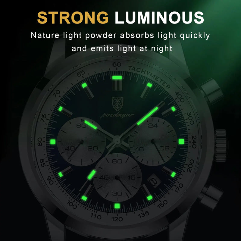 POEDAGAR-Relógio quartzo de couro impermeável masculino, cronógrafo luminoso, relógio de pulso luxo, relógio casual de alta qualidade
